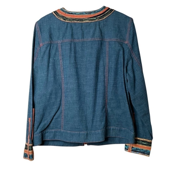 SPANNER Cotton Denim Full Zip Jacket Ribbon Trim Front Pockets Collarless Sz 16 - Picture 3 of 7